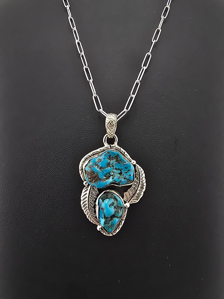 Raw Kingman Turquoise double stone 925 sterling silver pendant w/ 18" 3mm paperclip Chain