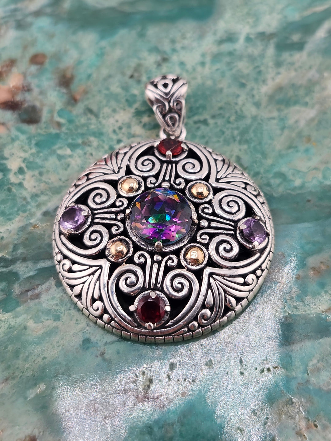 Bali 925 Sterling Silver/18K and Mixed Gemstone Pendant