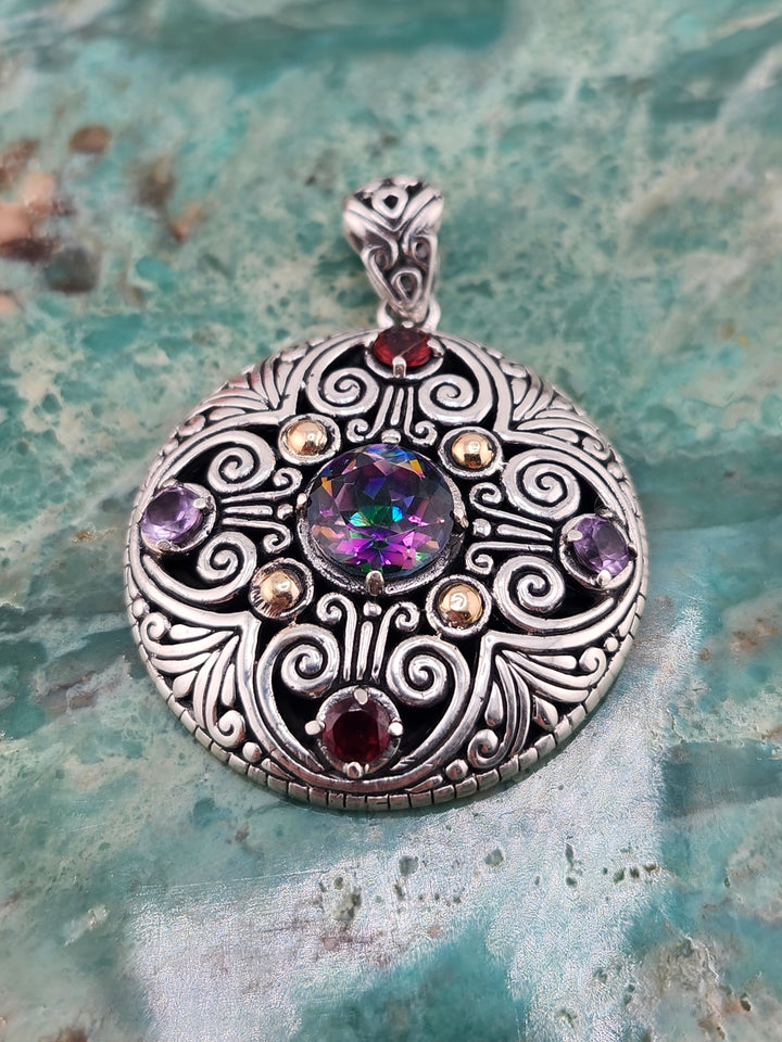 Bali 925 Sterling Silver/18K and Mixed Gemstone Pendant