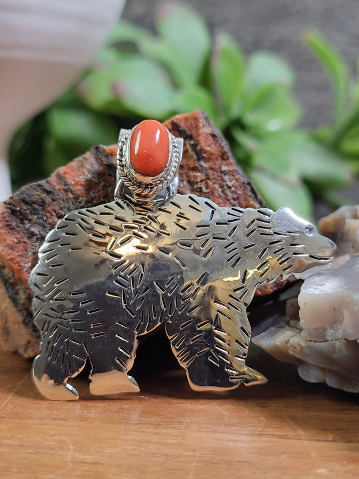 Natural Italian Coral Bear Pendant 925 Sterling Silver