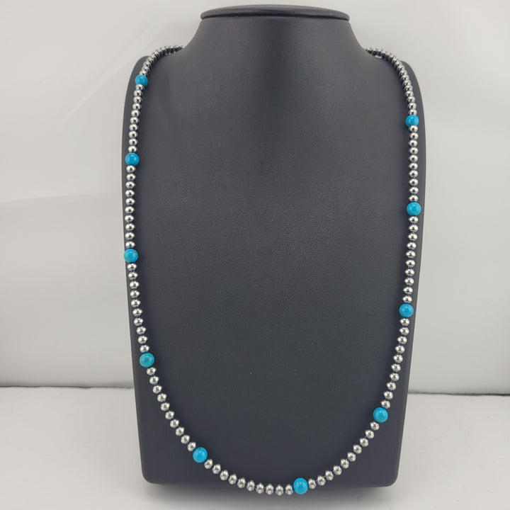 4/6mm 24" + 2" Kingman Turquoise & Oxidized 925 Sterling Silver Bead Necklace