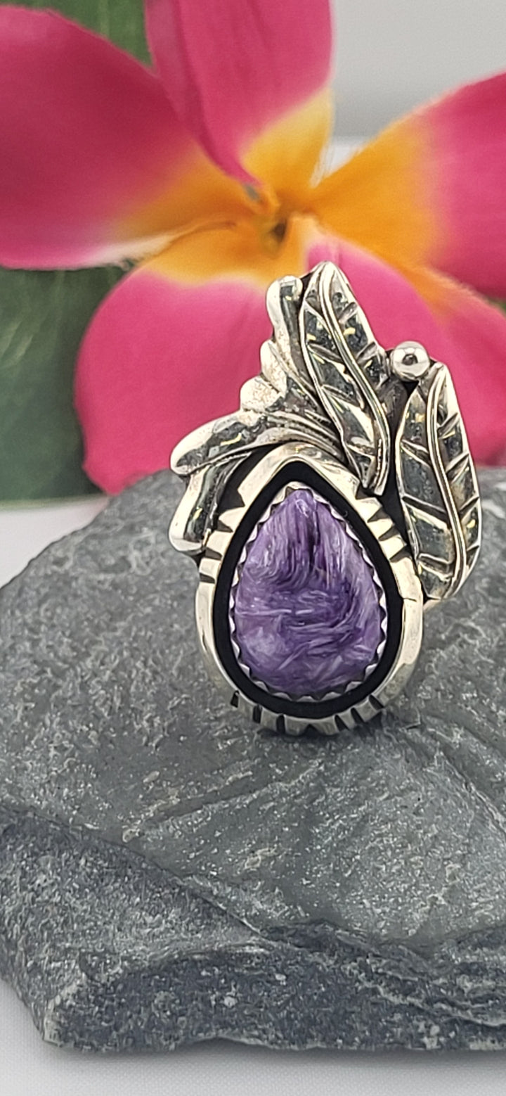 Charoite Teardrop & 925 Sterling Silver Leafs Ring Size 9