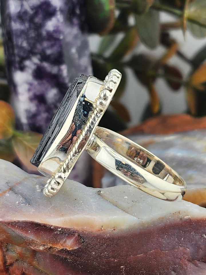 Raw Black Tourmaline 925 Sterling Silver Ring Size 9