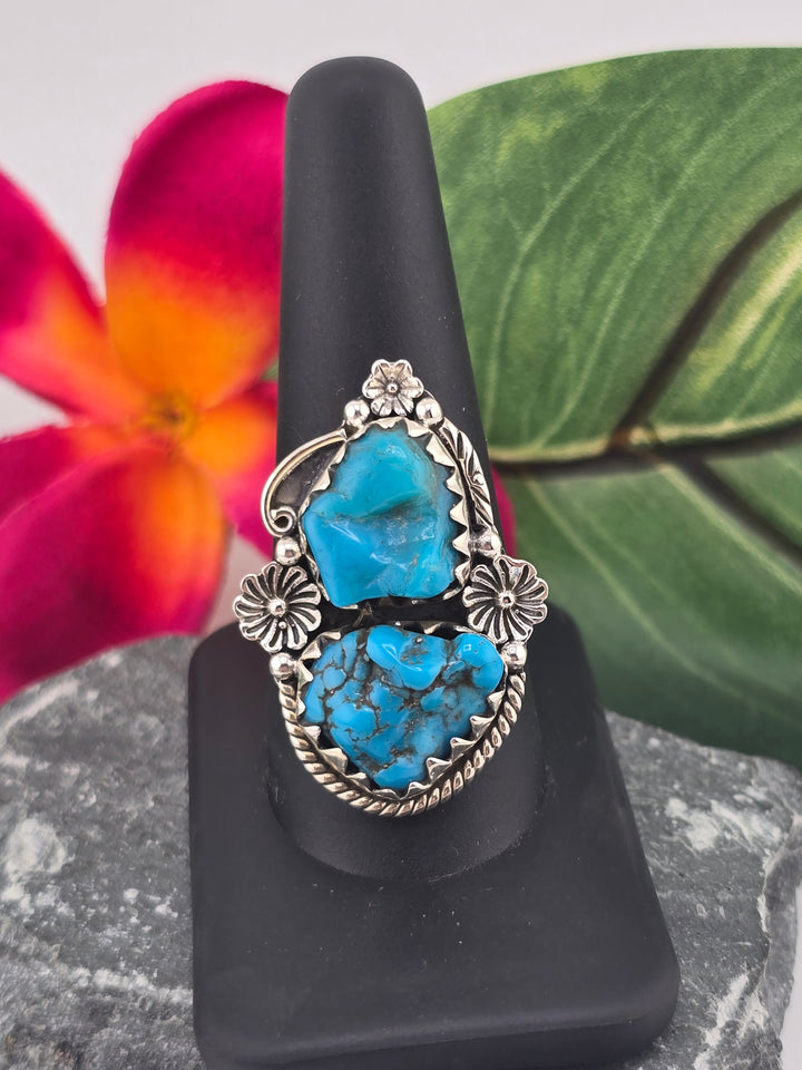 Double stone Kingman Turquoise sterling silver 925 ring size 10