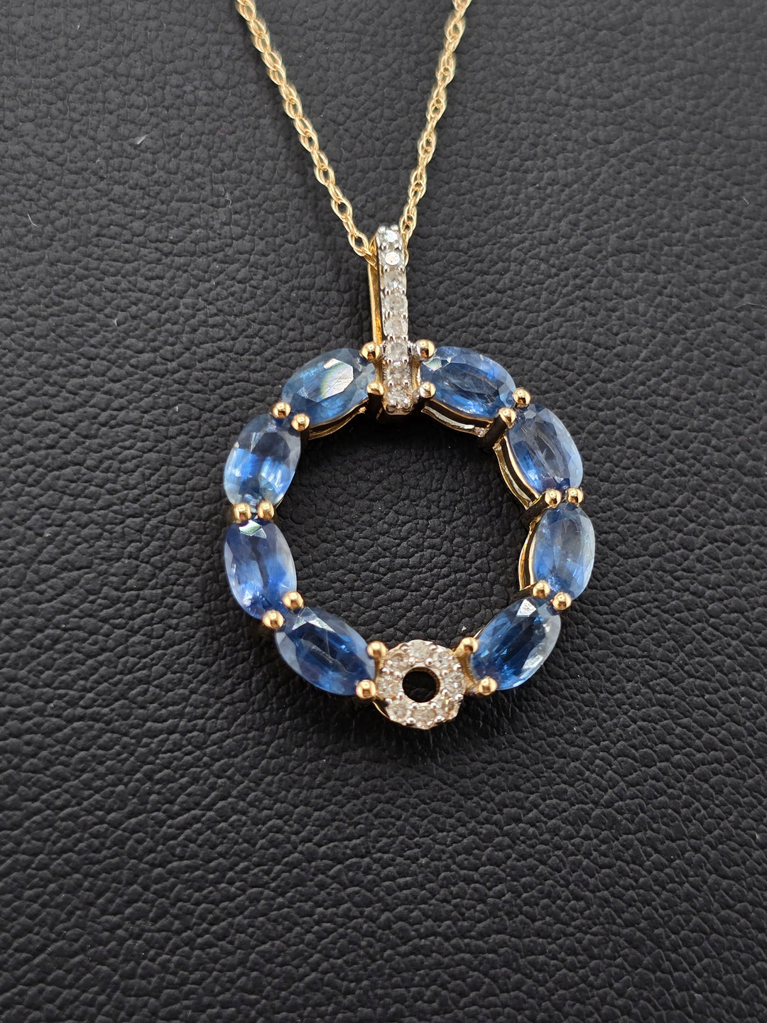 14k Gold Sapphire & Diamond Halo Circle Pendant on 14k Gold 18" Chain