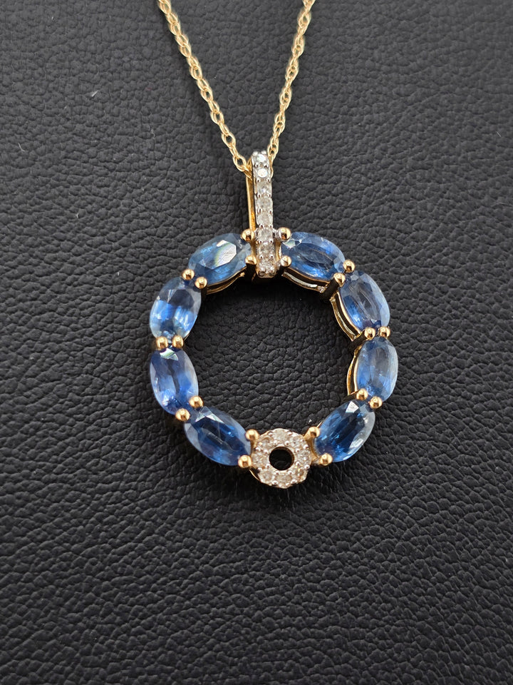14k Gold Sapphire & Diamond Halo Circle Pendant on 14k Gold 18" Chain