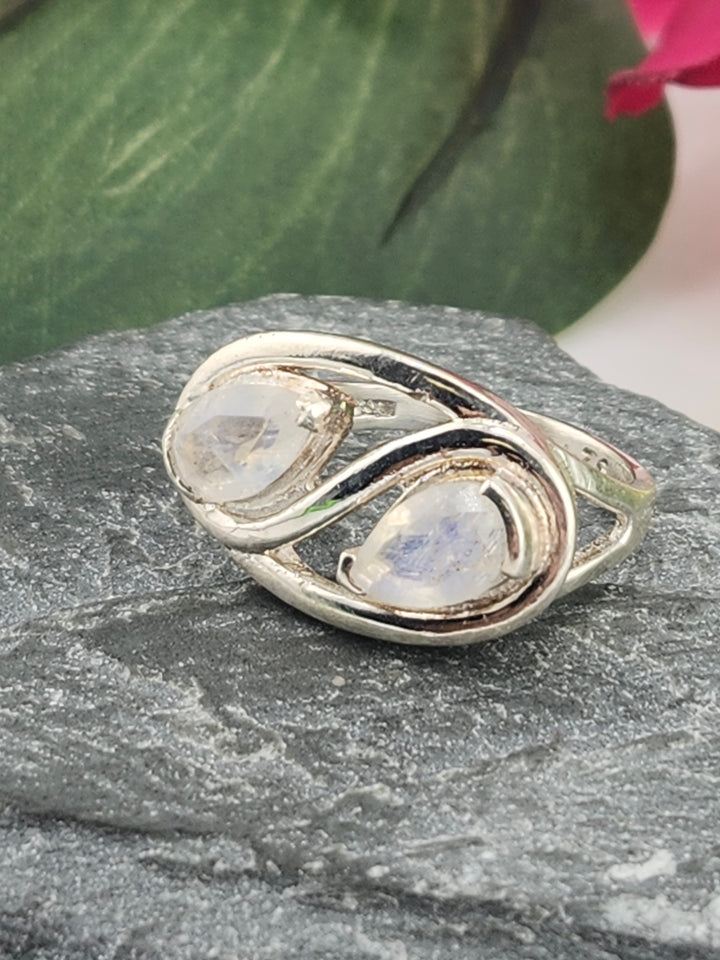 Double Moonstone and 925 Sterling Silver Ring - Size 6