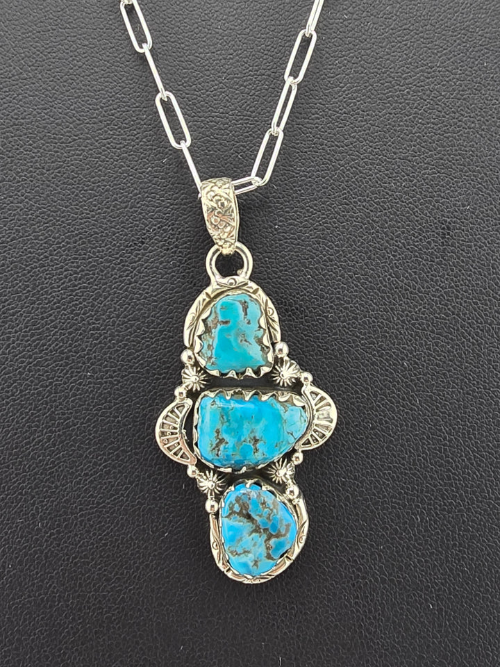 Raw Kingman Turquoise triple stone 925 sterling silver pendant w/ 18" 3mm paperclip Chain