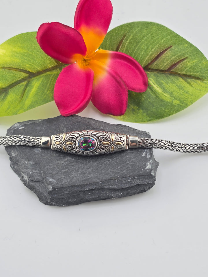 Real Mystic Topaz 925 Sterling Silver and 18k Gold Accented Bali Bracelet 6.75"