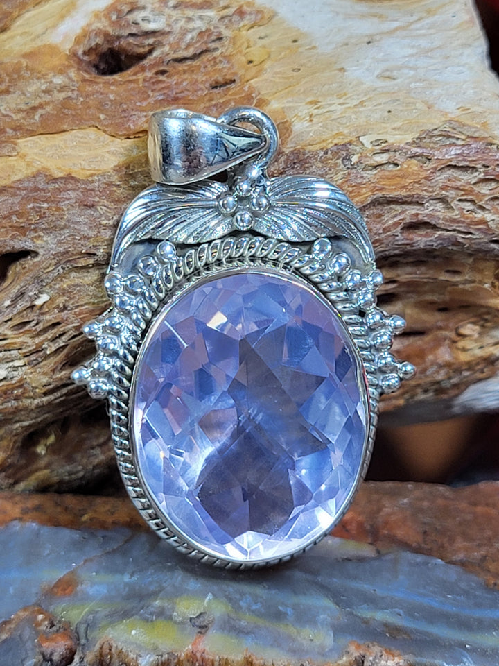 Natural Lavender Quartz 925 Sterling Silver Rose Cut Pendant - 1 1/2"