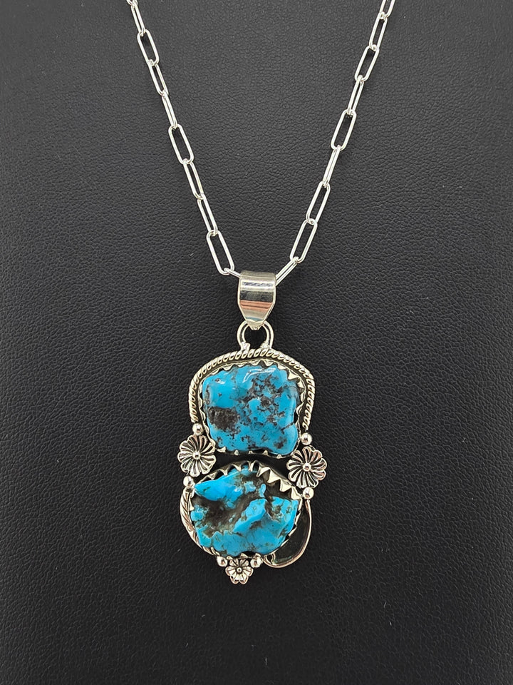 Raw Kingman Turquoise double stone 925 sterling silver pendant w/ 18" 3mm paperclip Chain