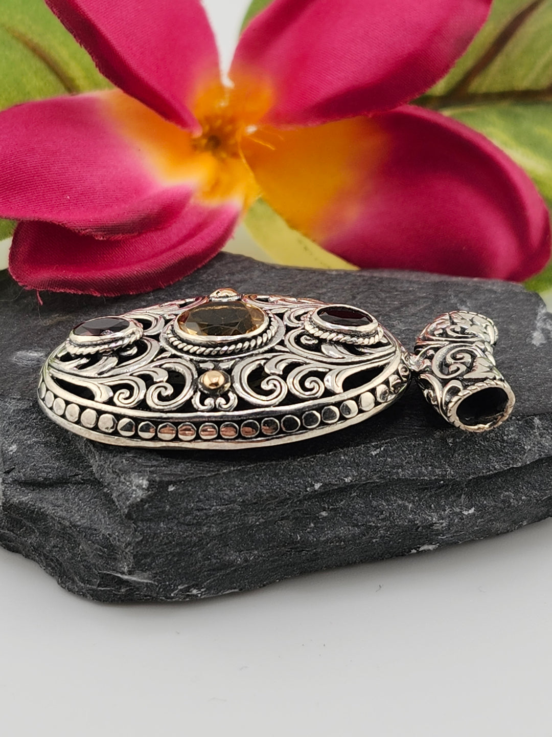 Citrine/Garnet & 18k Accented Bali Pendant