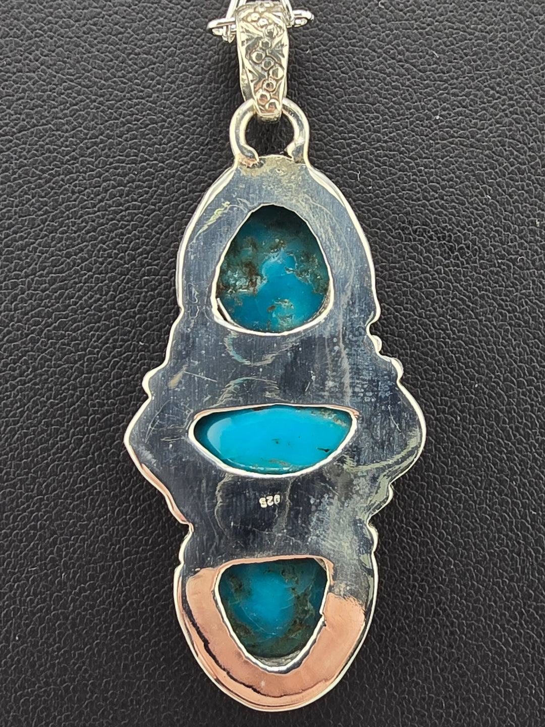 Raw Kingman Turquoise triple stone 925 sterling silver pendant w/ 18" 3mm paperclip Chain
