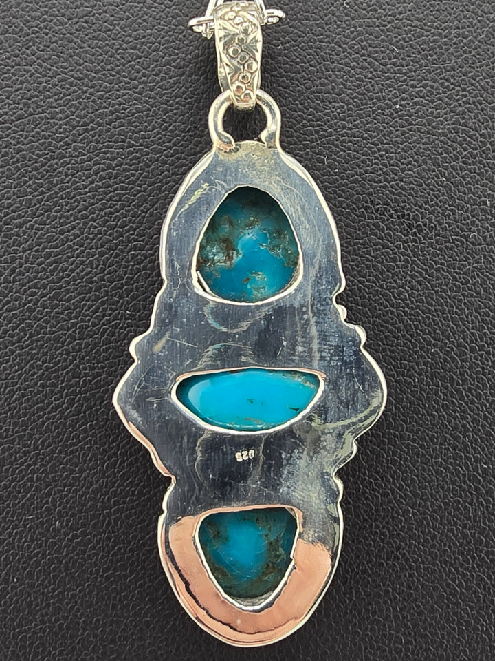 Raw Kingman Turquoise triple stone 925 sterling silver pendant w/ 18" 3mm paperclip Chain
