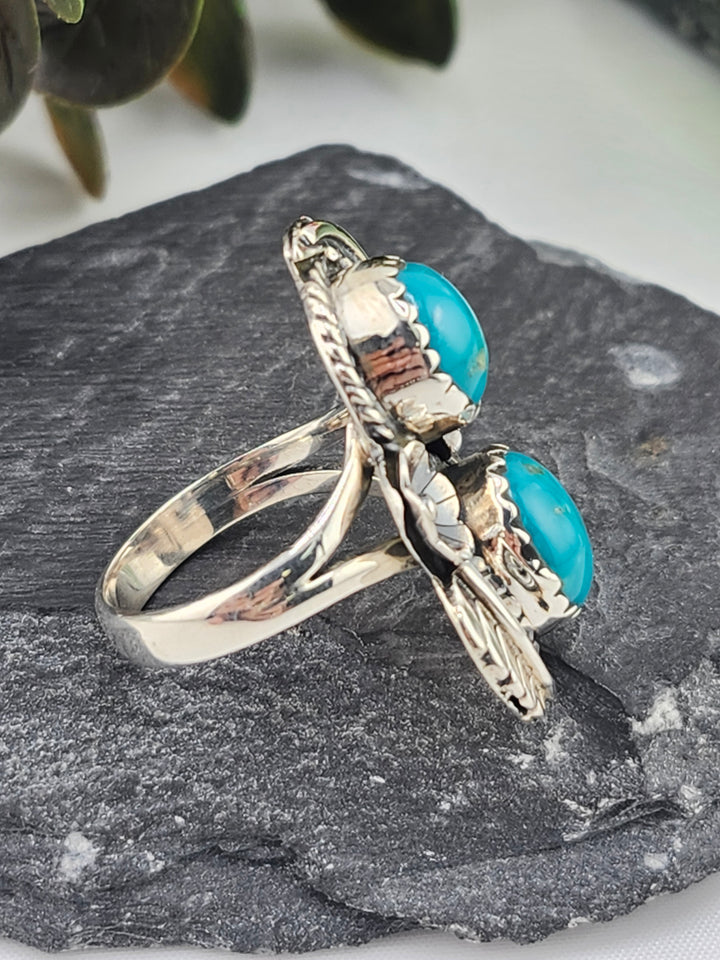 American Turquoise Double Stone and 925 Sterling Silver Ring - Size 7