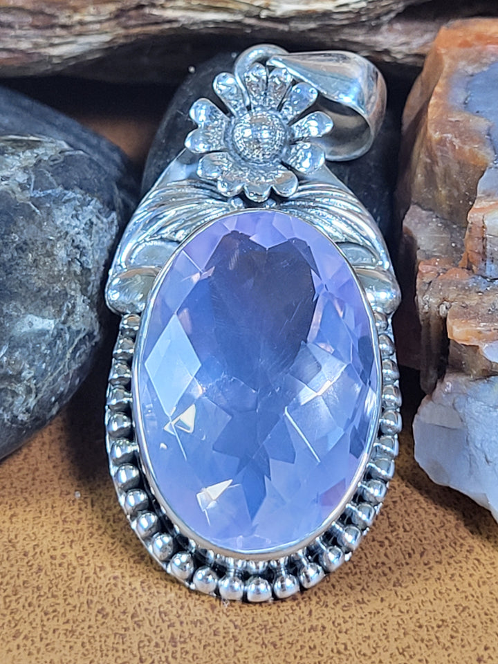 Natural Lavender Quartz 925 Sterling Silver Rose Cut Pendant - 2"