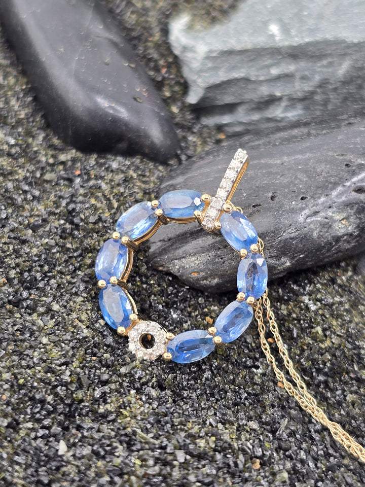 14k Gold Sapphire & Diamond Halo Circle Pendant on 14k Gold 18" Chain