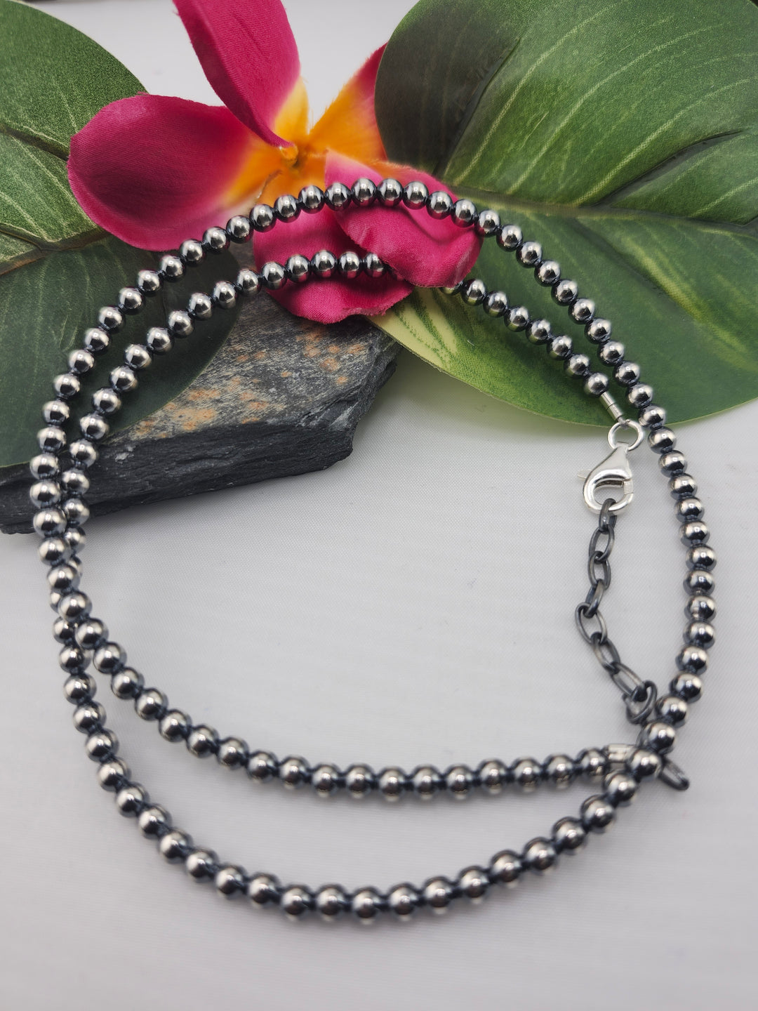 4mm 20"+2" Oxidized 925 Sterling Silver Bead Necklace