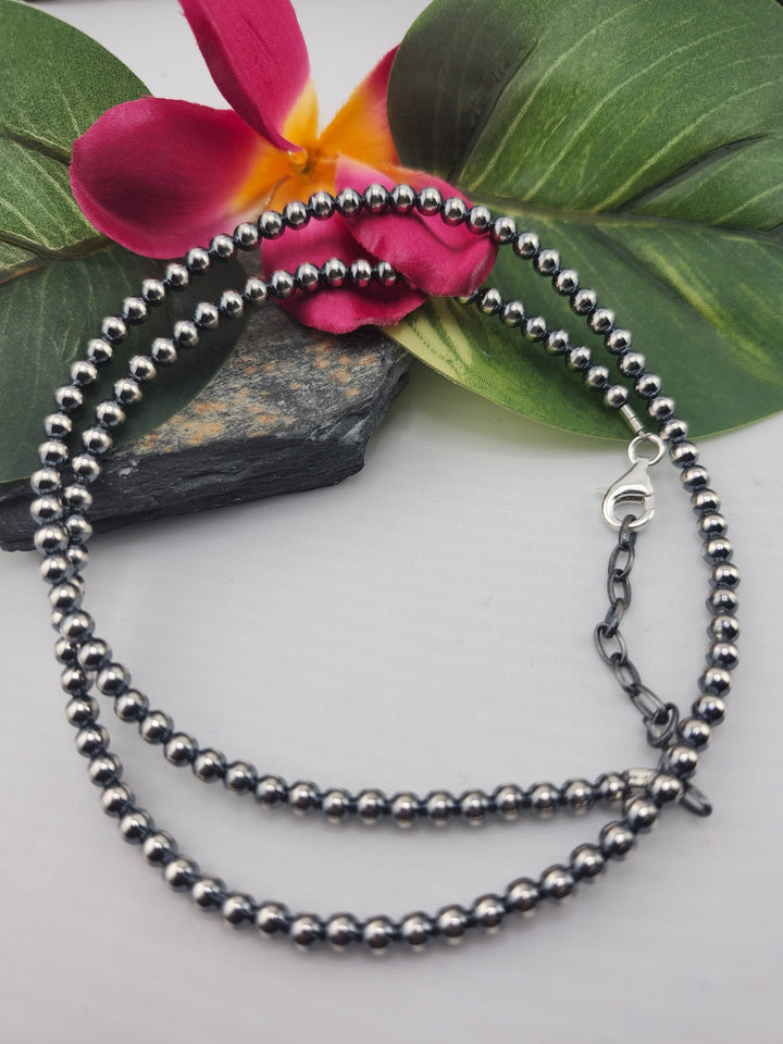 4mm 20"+2" Oxidized 925 Sterling Silver Bead Necklace