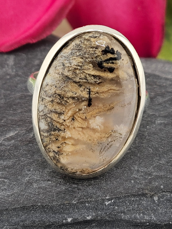 Tiger Dendritic Agate Ring & 925 Sterling Silver Size 10
