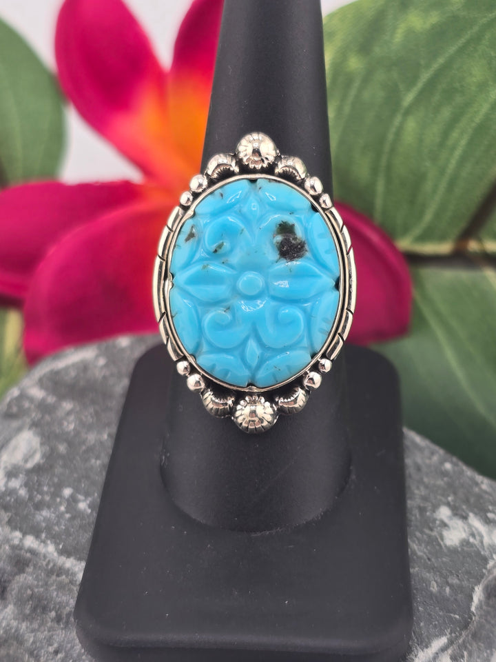 Carved American Turquoise sterling silver 925 ring size 8.5
