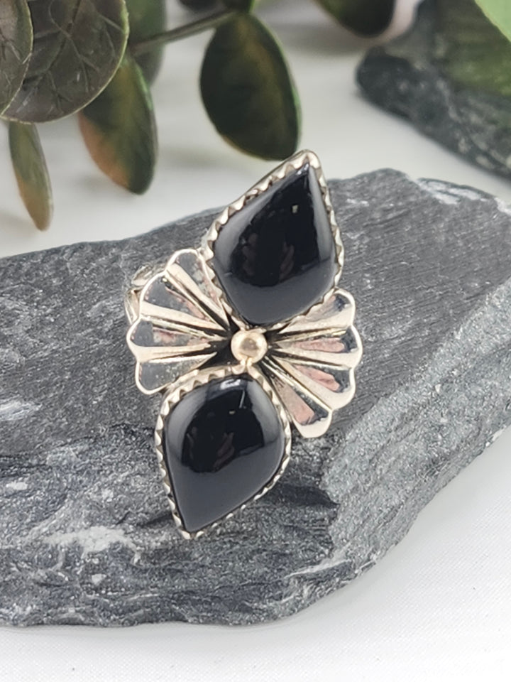 Black Onyx Double Stone and 925 Sterling Silver Ring - Size 6