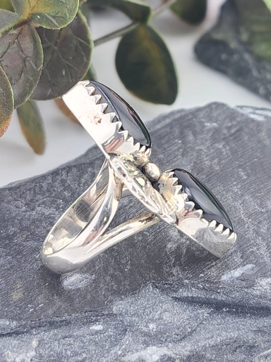 Black Onyx Double Stone and 925 Sterling Silver Ring - Size 7.25