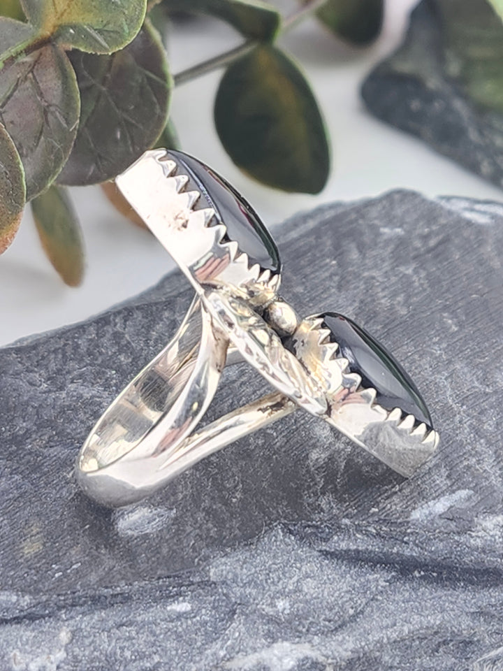 Black Onyx Double Stone and 925 Sterling Silver Ring - Size 7.25