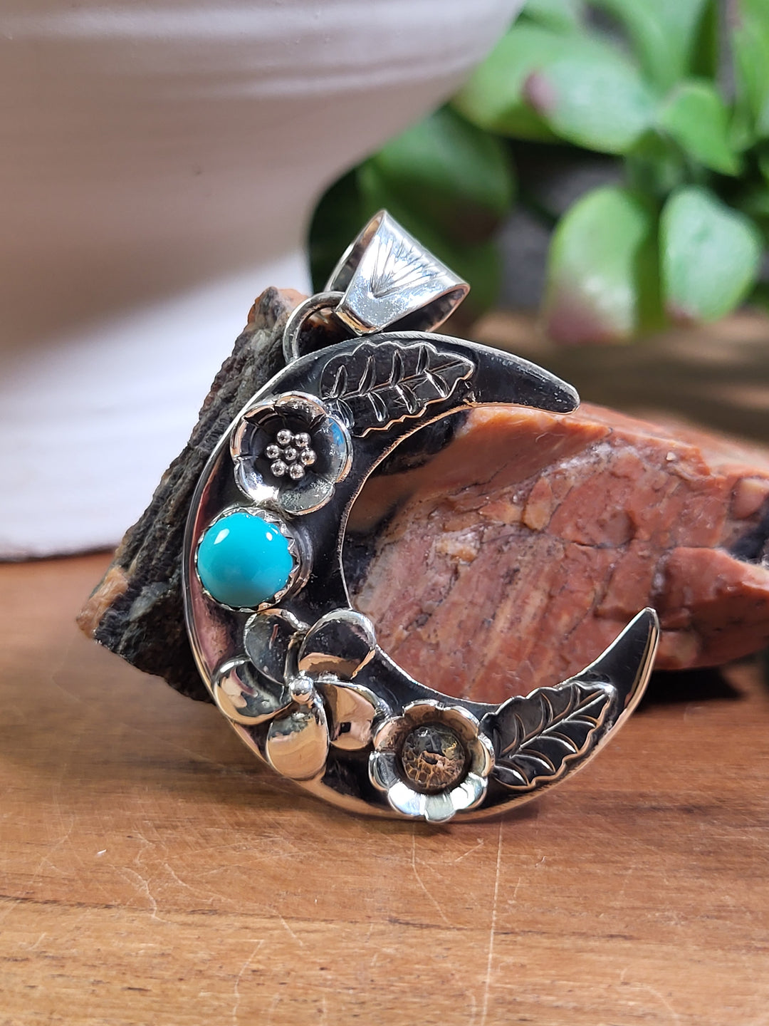 Natural Turquoise Moon Pendant 925 Sterling Silver