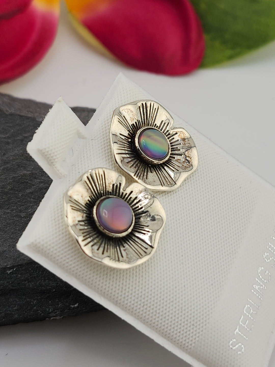 Lab Created Aurora Opal Flower & 925 Sterling Silver Stud Earrings