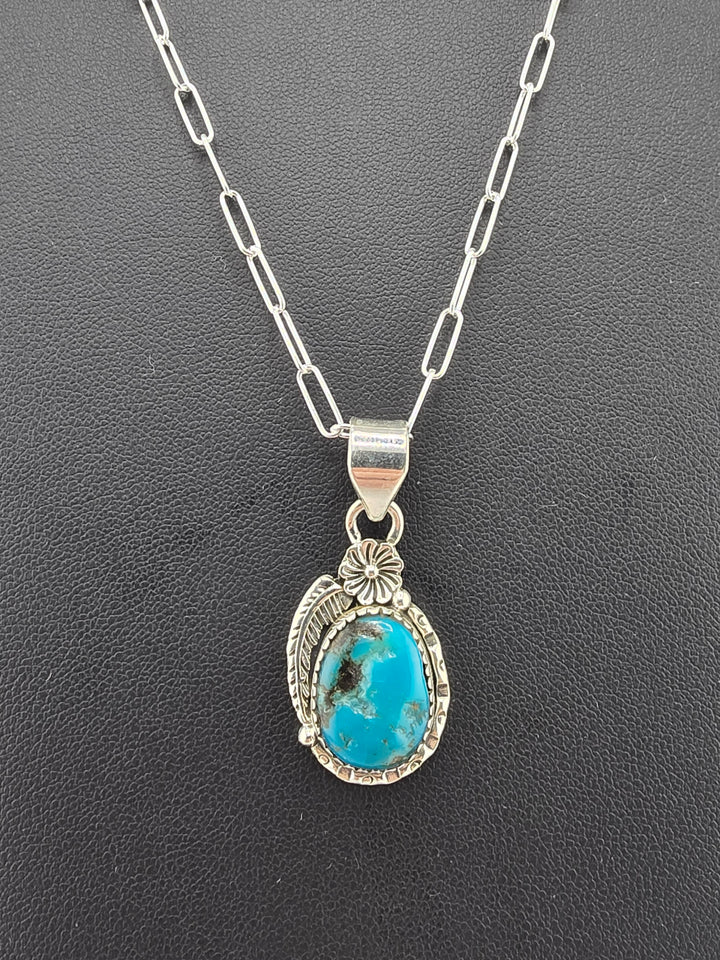 Raw Kingman Turquoise 925 sterling silver pendant w/ 18" 3mm paperclip Chain