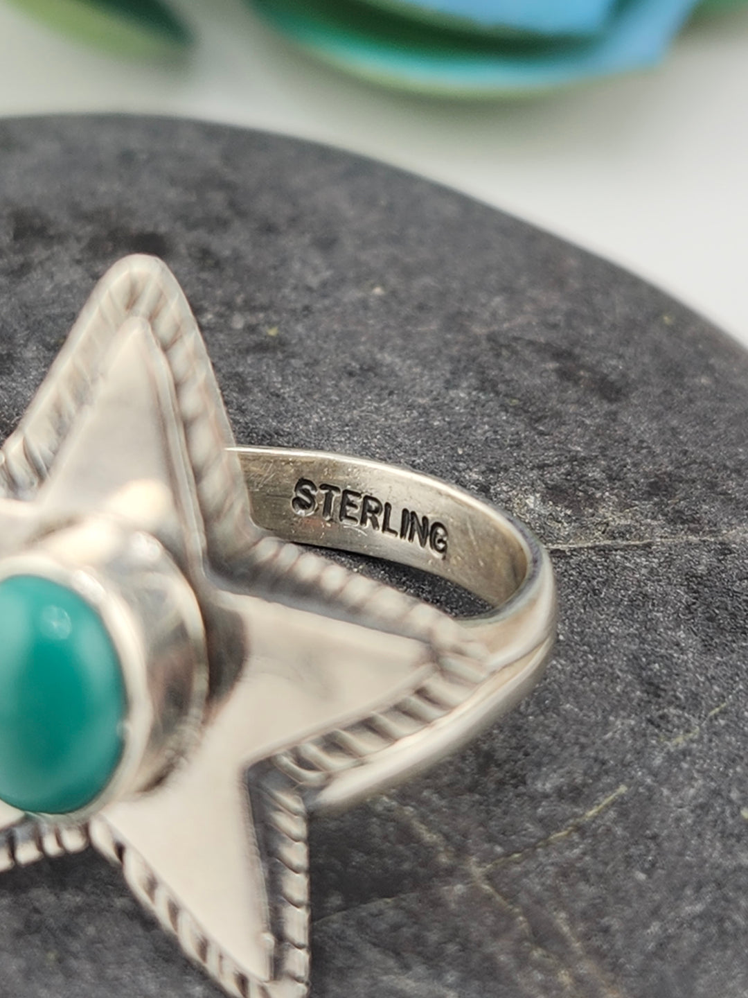 Kingman Turquoise and 925 Sterling Silver Star Ring - Size 8.75