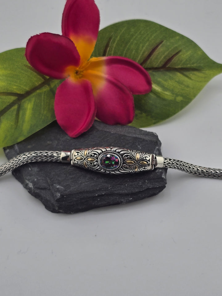 Real Mystic Topaz 925 Sterling Silver and 18k Gold Accented Bali Bracelet 7"