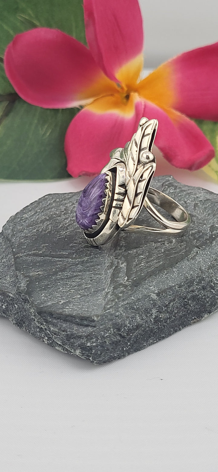 Charoite Teardrop & 925 Sterling Silver Leafs Ring Size 10