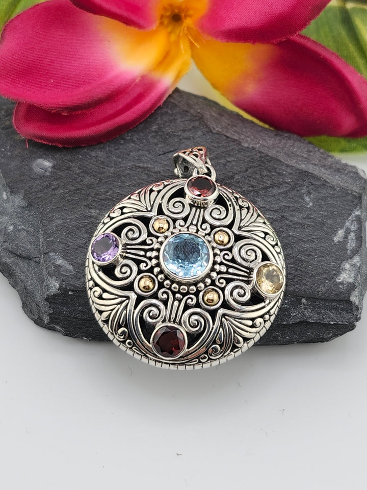 Topaz/Citrine/Amethyst/Garnet & 18k Accented Bali Pendant