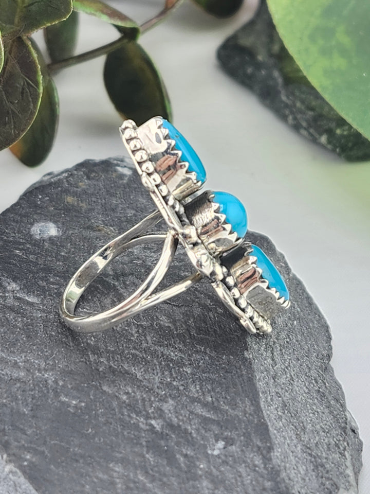 American Turquoise Triple Stone and 925 Sterling Silver Ring - Size 6