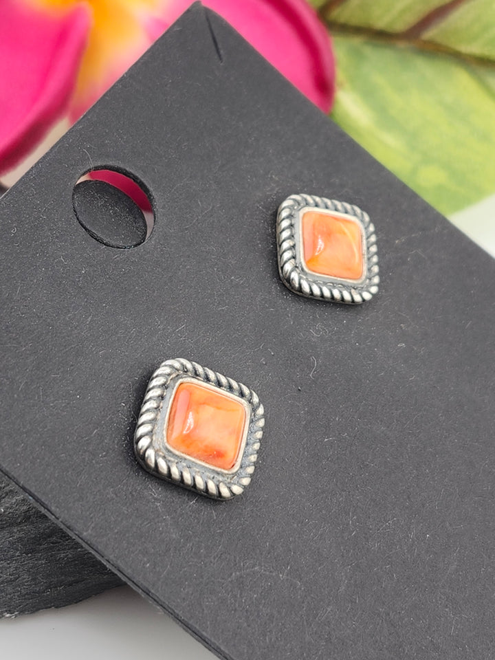 Orange Spiny Oyster Diamond shaped Stud Earrings
