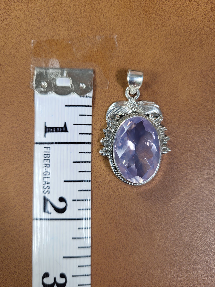 Natural Lavender Quartz 925 Sterling Silver Rose Cut Pendant - 1 1/2"