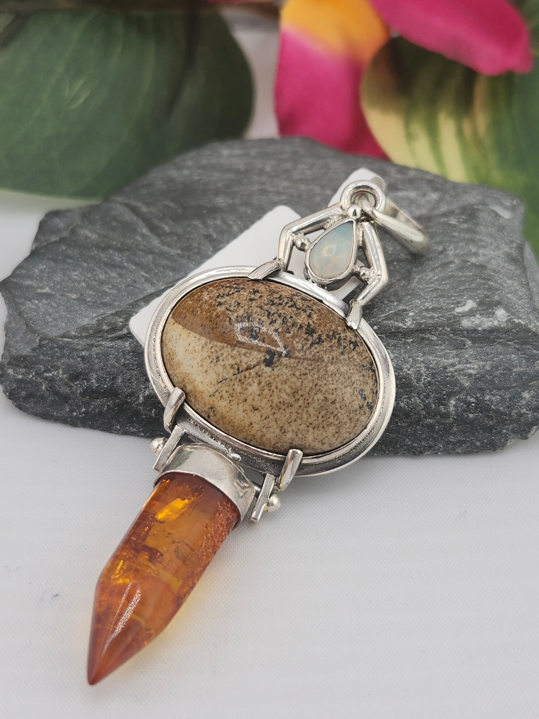 Designer SOMS Ethiopian Opal/Picture Jasper/Baltic Amber and 925 Sterling Silver Pendant