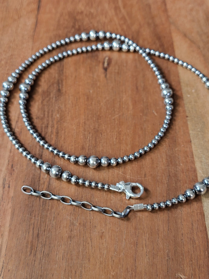 Oxidized Sterling Silver Graduated Bead Station Necklace 3‐6mm 24"+2" extension