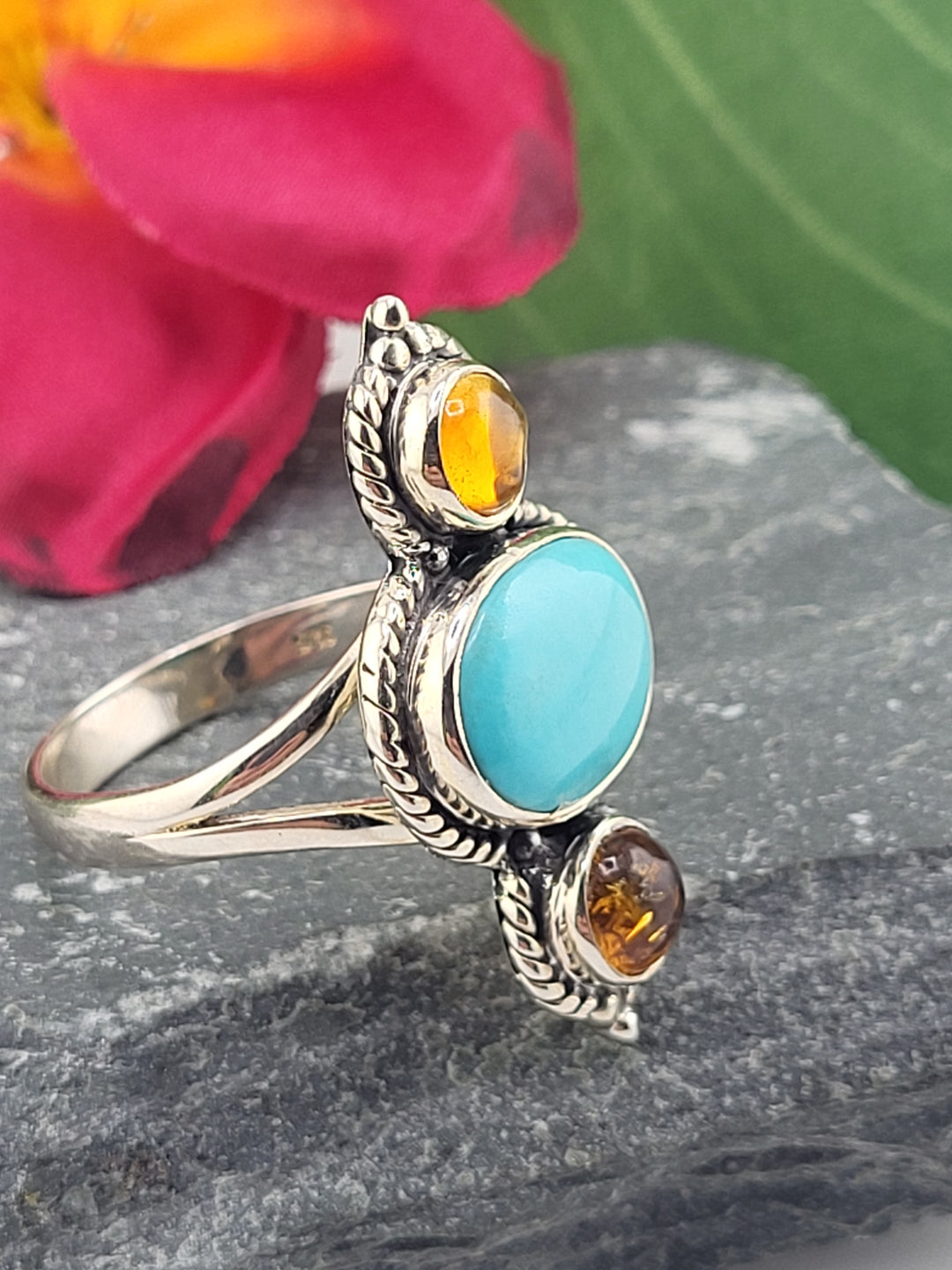 Turquoise & Baltic Amber Ring Size 10