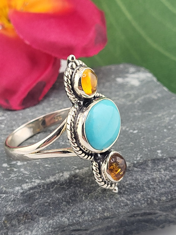 Turquoise & Baltic Amber Ring Size 10