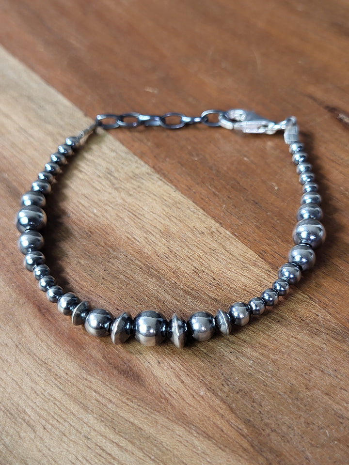 Oxidized Sterling Silver Graduated Bead Station w/ Saucer Bracelet 3‐6mm 6"+1" extension