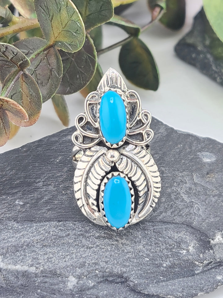 American Turquoise Double Stone and 925 Sterling Silver Ring - Size 5.75