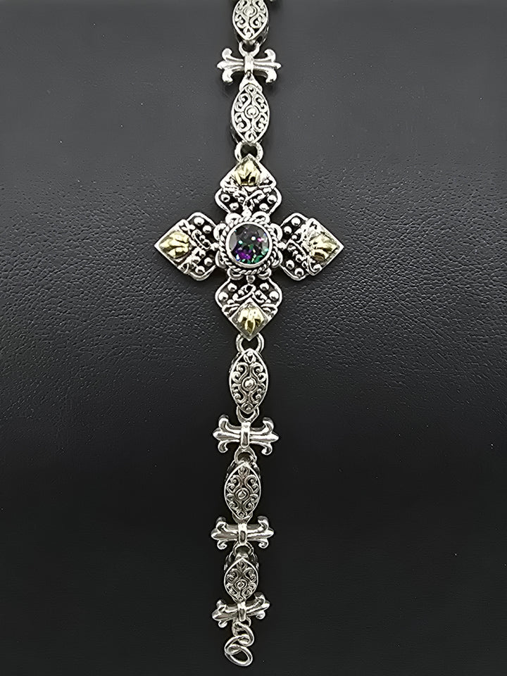 Real Mystic Topaz 925 Sterling Silver and 18k Gold Accented Bali Bracelet Adj 7.5" to 8"