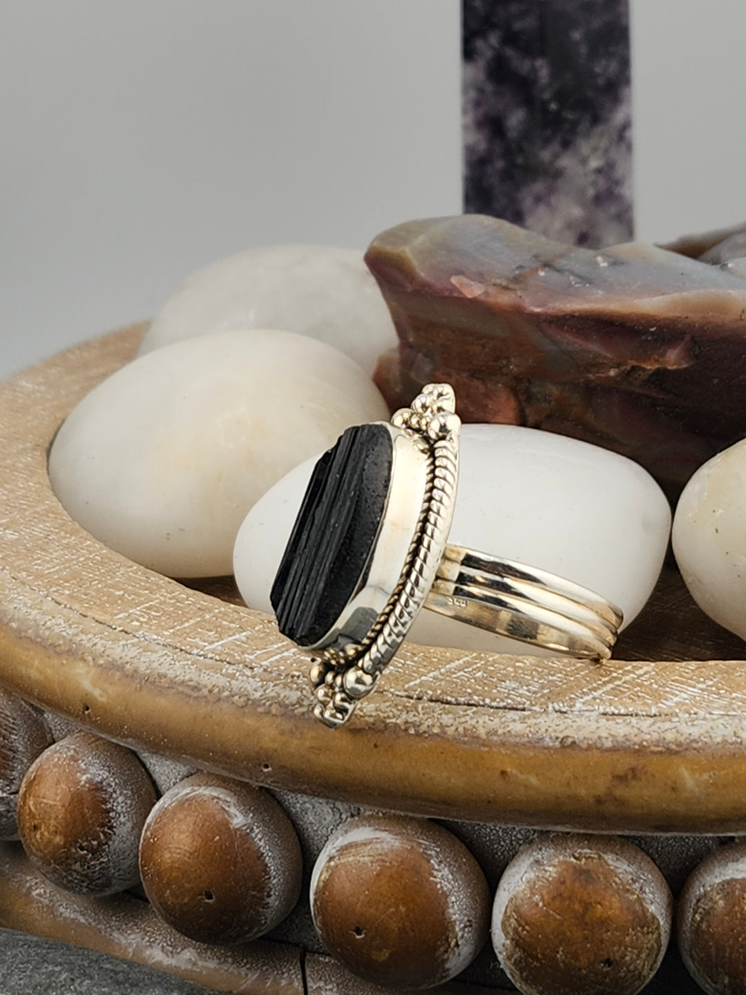 Raw Black Tourmaline 925 Sterling Silver Ring Size 9