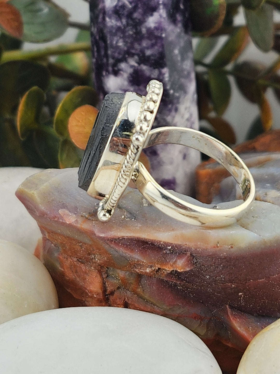 Raw Black Tourmaline 925 Sterling Silver Ring Size 9