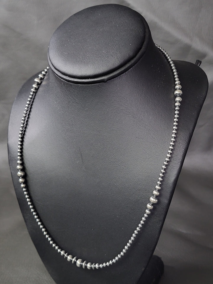 Oxidized Sterling Silver Graduated Bead Station w/Saucer Necklace 3‐6mm 20"+2" extension