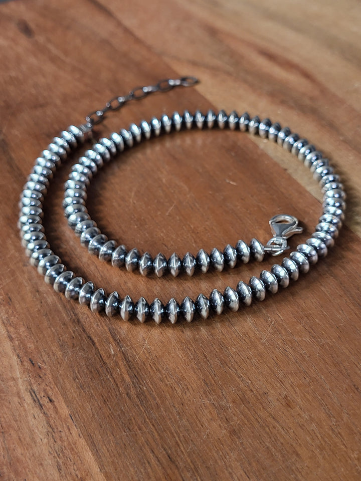 Oxidized 925 Sterling Silver Saucer Bead Necklace 6mm 14" + 2" extension