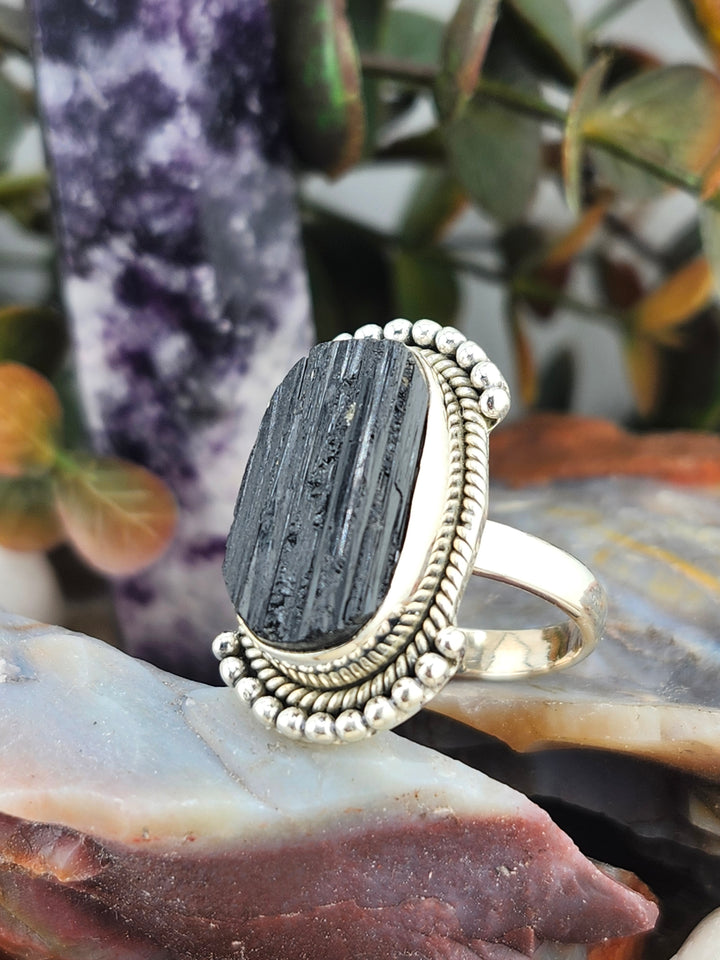 Raw Black Tourmaline 925 Sterling Silver Ring Size 9